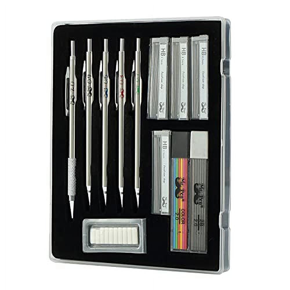 Mr. Pen - Metal Mechanical Pencil Set with Lead and Eraser Refills, 5  Sizes, 0.3, 0.5, 0.7, 0.9, 2mm, Silver