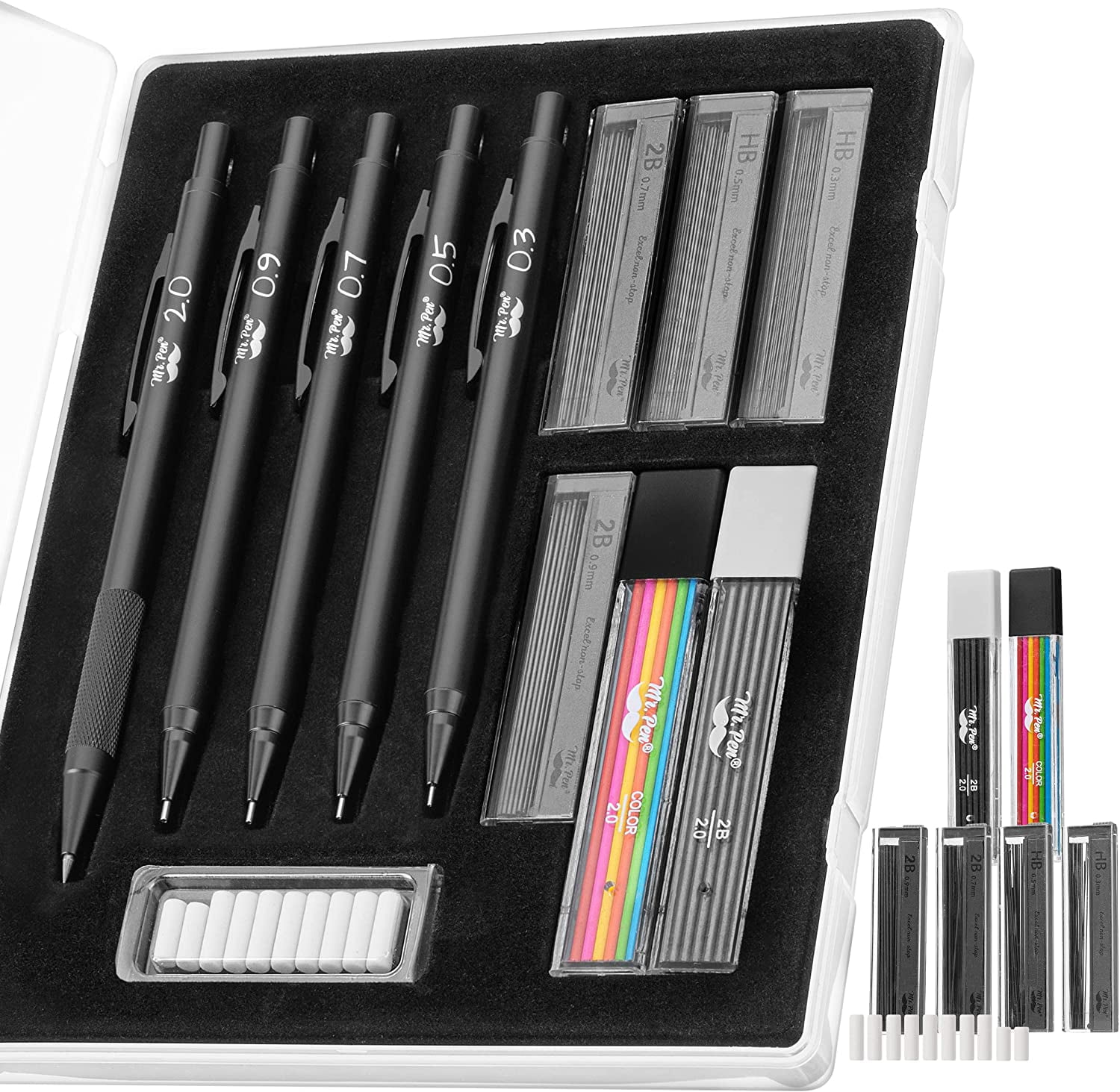 Mr. Pen- Metal Mechanical Pencil Set with Lead and Eraser Refills, 5 Sizes,  0.3, 0.5, 0.7, 0.9, 2mm, Drafting, Sketching, Architecture, Drawing  Mechanical Penci…