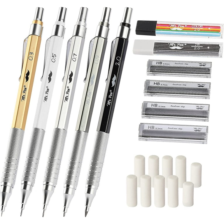 Mr. Pen- Metal Mechanical Pencil Set with Leads and Eraser Refills, 5 Sizes - 0.3, 0.5, 0.7, 0.9 and 2 Millimeters, Sketching/ Drafting Pencil