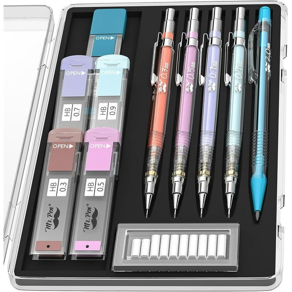 Mr. Pen- Pastel Mechanical Pencil Set with Lead and Eraser Refills, Clear Barrel, 5 Sizes, 0.3, 0.5, 0.7, 0.9, 2mm