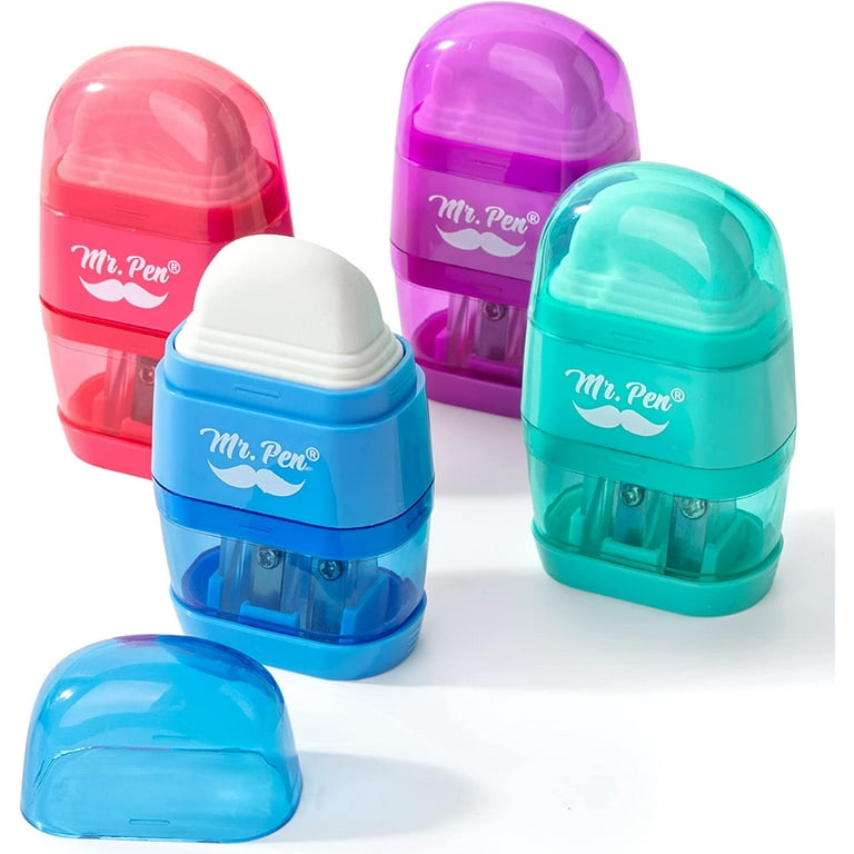 Mr. Pen Pencil Sharpener Eraser 4 Pack Colorful 2 Sharpening Holes