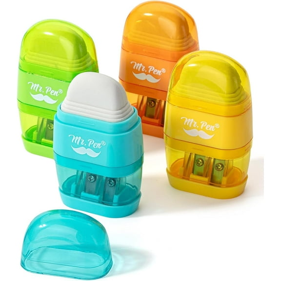 Mr. Pen- Pencil Sharpener & Eraser, 4 Pack, Colorful, 2 Sharpening Holes