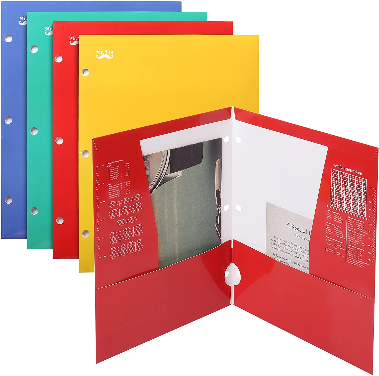 Mr. Pen- Pocket Folders, 4 Pocket, 4 Pack, Assorted Colors, Folders with Pockets 3 Hole Punched
