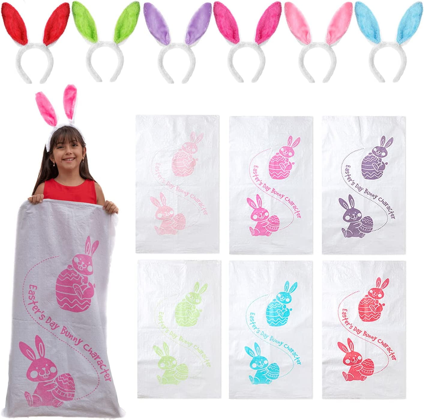 Mr. Pen- Potato Sack Race Bags for Kids Adults, 38.2" x 23.5", 6 Pack with 6 Bunny Ears Headbands