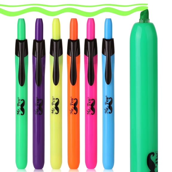 Mr. Pen- Retractable Highlighters, 6 Pack, Assorted Colors, Chisel Tip