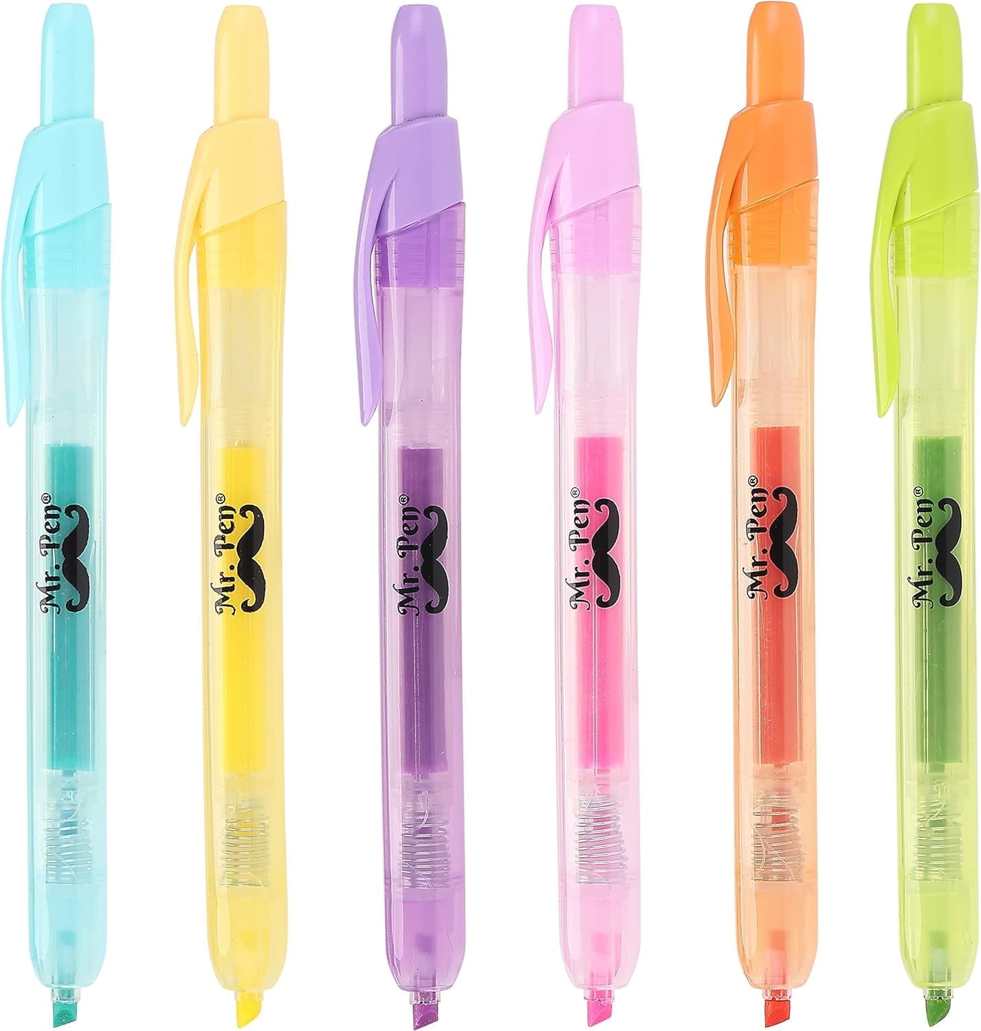 Mr. Pen- Retractable Highlighters, 6 Pack, Pastel Colors, Chisel Tip, No Smear Click Highlighter, Bible Journaling Highlighter, Highlighter Markers Retractable, Highlighter Pens, Mild Highlighters