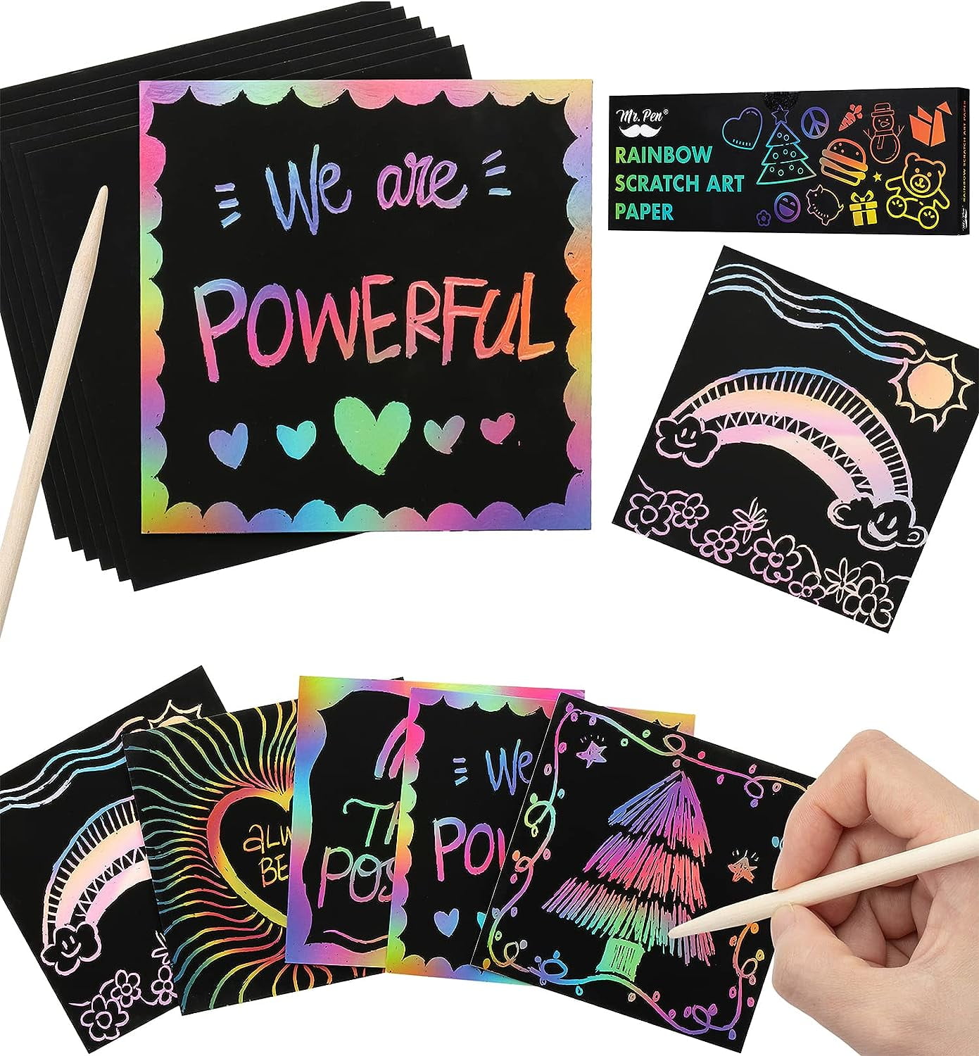 Mr. Pen Scratch Art for Kids with Wooden Stylus, 125 pcs, Rainbow