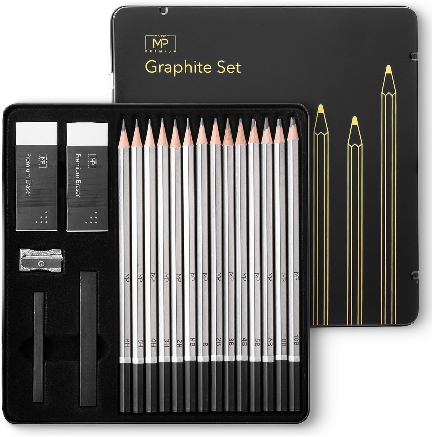 Ergonomic Gray Graphite Sketching Pencil Set with Accessories, 19 pcs