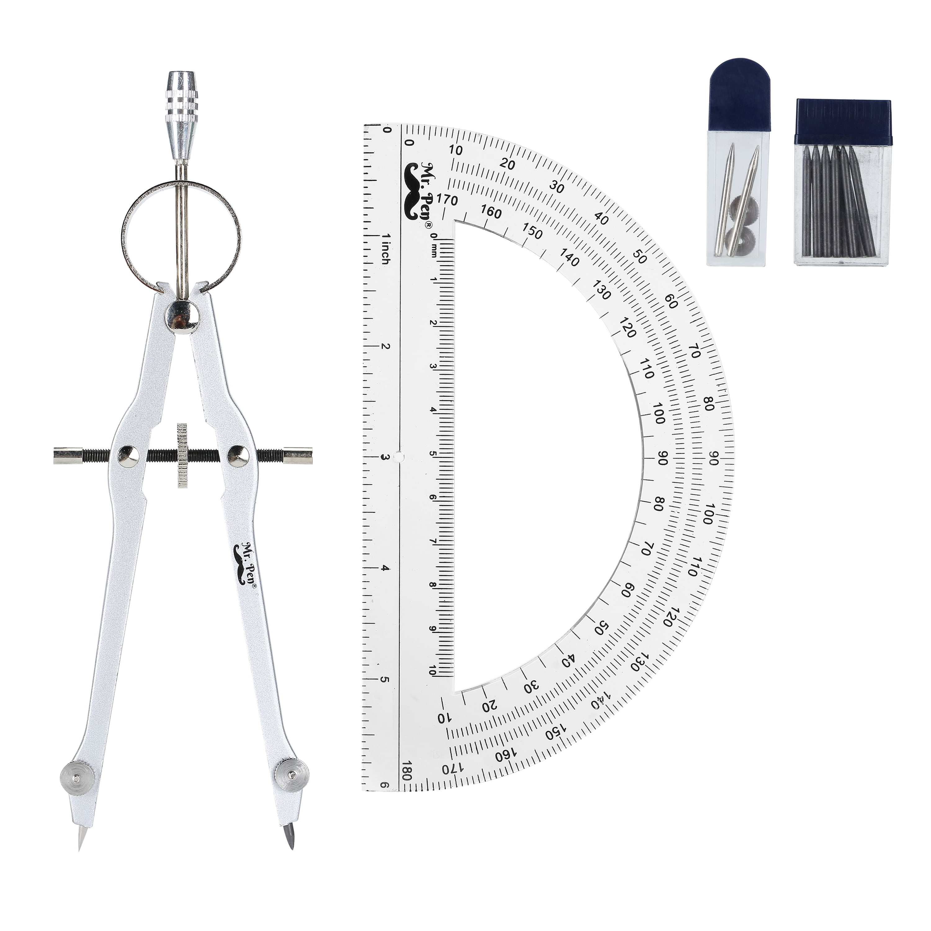 Mr. Pen Spring Compass with Protractor, Steel Needle Tip, Spare Nut, Spare Lid