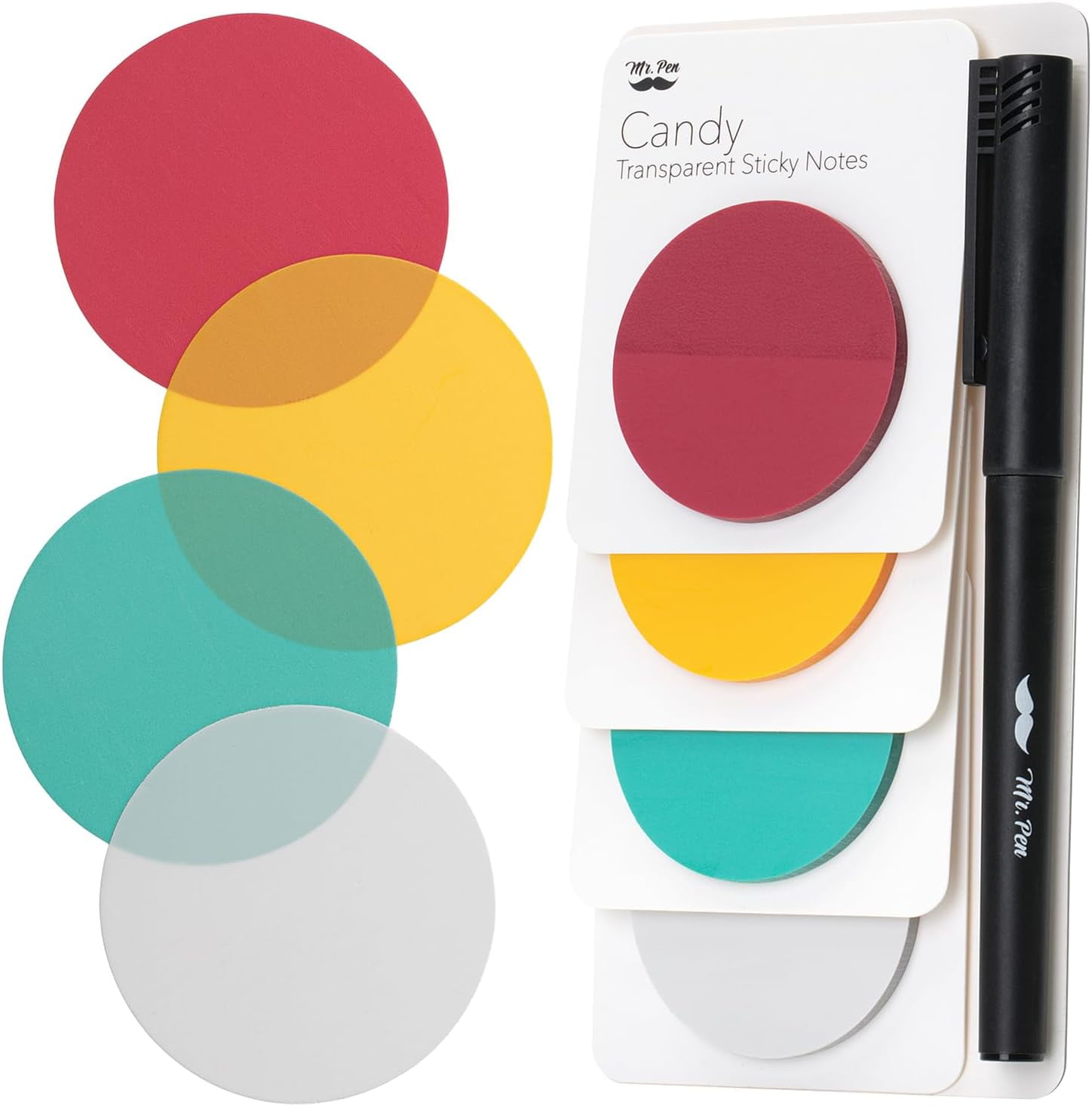 Mr. Pen, Transparent Sticky Notes, 200 Pcs, Round, Candy Colors ...