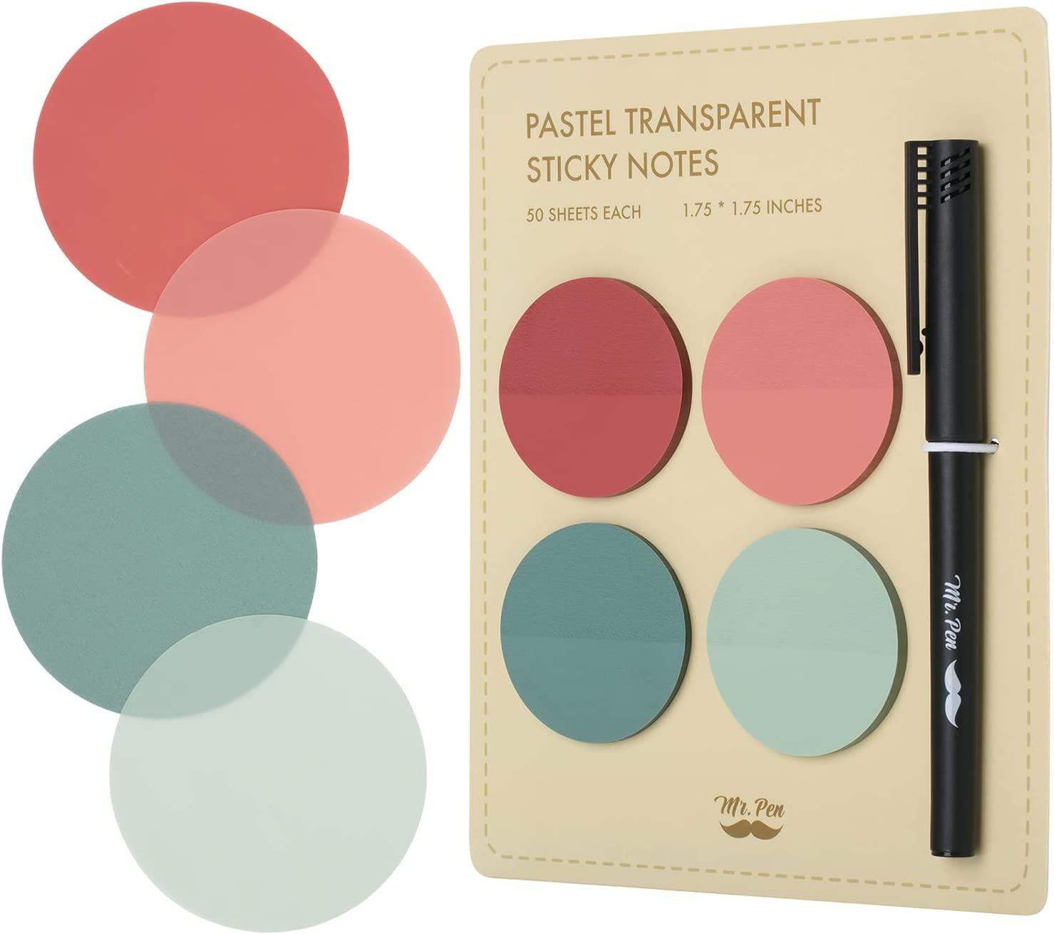 Mr. Pen Transparent Sticky Notes, 200 Pcs, Pastel Colors, Round
