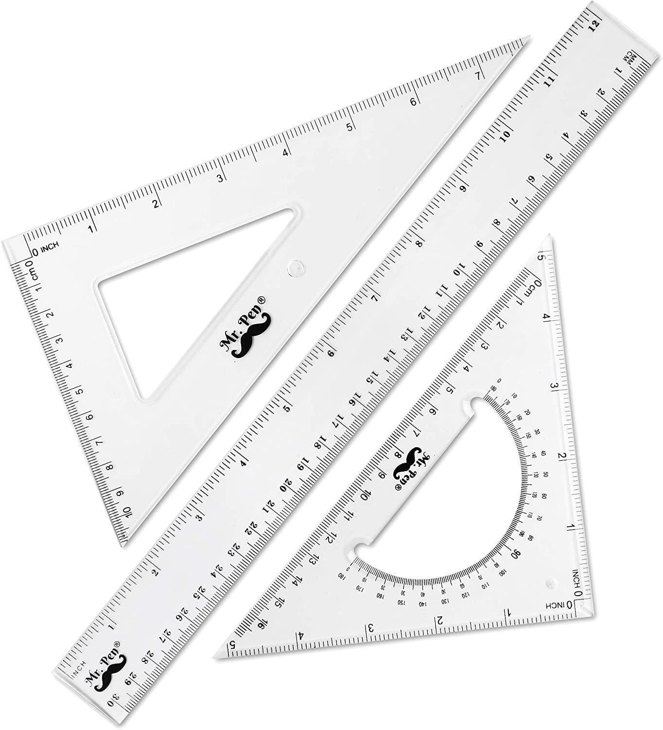 30/60/45 Degree Geometry Triangle Ruler Drawing Set Square 2 Pieces, Clear  30 cm