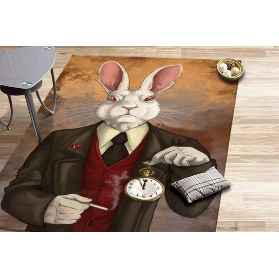 Mr. Rabbit Rugs, White Rabbit Rug, Modern Rug, Animal Rug, Office Decor Rug, Front Door Rug, Gift For Her, 3D Printeds Rug, Pet Friendly Rug, 2.6'x4' - 80x120 cm