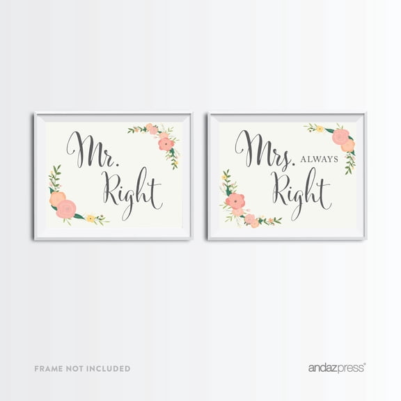 Koyal Wholesale Pink Floral Mr & Mrs Wedding Signs 8.5x11 2-Pack Decor