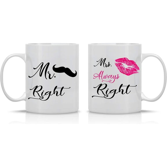 Mr. Right & Mrs. Always Right Couples Mug - Funny Couple Mug - (2) 11OZ Coffee Mug - Funny Mug Gift Set - Mugs For Husband and Wife His And Her Gifts - By