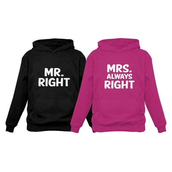 Mr Right Mrs Always Right Husband & Wife Funny Matching Couple Hoodie Set Mr. Black XX-Large / Mrs. Pink Small