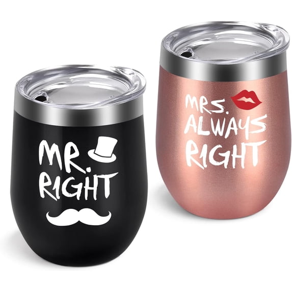 Mr. Right Mrs. Always Right Wine Tumbler Set, Wedding Engagement Gifts for Husband Wife Newlywed Couples Anniversary Bride Bridal Shower, 12 Oz Stainless Steel Wine Tumbler, Black and Rose Gold
