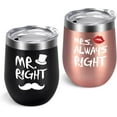 thumbnail image 1 of Mr. Right Mrs. Always Right Wine Tumbler Set, Wedding Engagement Gifts for Husband Wife Newlywed Couples Anniversary Bride Bridal Shower, 12 Oz Stainless Steel Wine Tumbler, Black and Rose Gold, 1 of 6