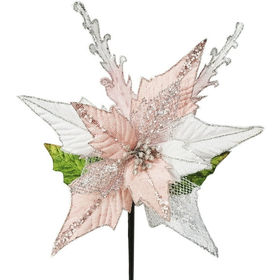 Mr. Santa Poinsettia Stem Christmas Decoration 26.4” (67 cm) Christmas Tree Ornament Xmas Glitter Poinsettia Artificial Flower Christmas Tree Decorations Holiday Décor, Pink and Silver
