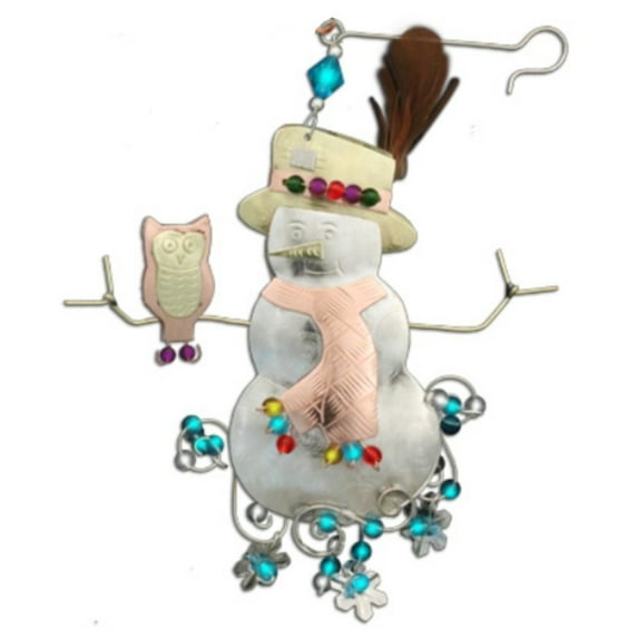 Mr. Snowman with Owl Metal Christmas Tree Ornament 4 Inch Fair Trade Multicolor