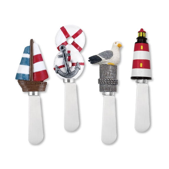 Mr. Spreader 4-Piece Hand Painted Resin Handle with Stainless Steel Blade Cheese Spreader/Butter Spreader Knife, Assorted (Nautical)
