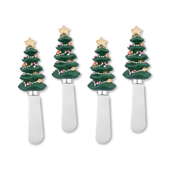 Mr. Spreader 4-Piece Holiday Tree Hand Painted Resin Handle with Stainless Steel Blade Cheese Spreader Butter Spreader Knives