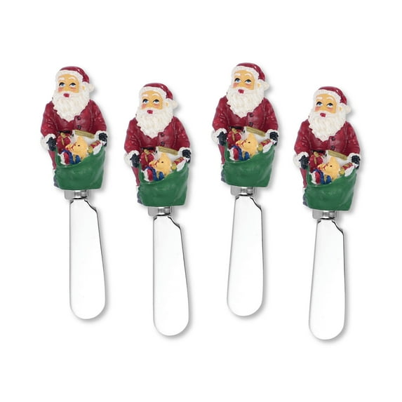 Mr. Spreader 4-Piece Santa Claus Hand Painted Resin Handle with Stainless Steel Blade Cheese Spreader, for Cheese Lover, Xmas Party, Christmas and Everyday Use