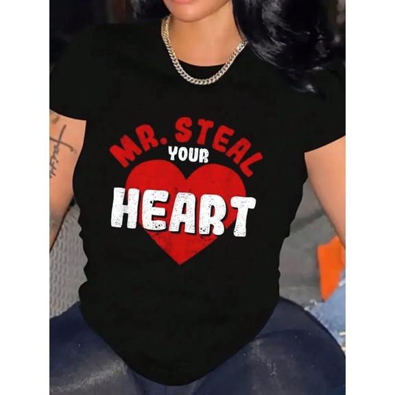 Mr. Steal Your Heart Graphic Valentine's Day Women Short Sleeve Cotton Casual T-Shirt