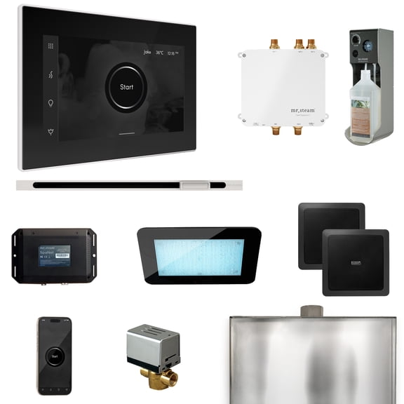 Mr Steam Bliss Steam Shower Ctrl Pkg w/iSteamX Control and Linear Steamhead in Black White