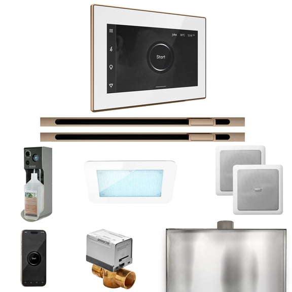 Mr Steam XDream Max Steam Shower Pkg w/iSteamX Control and Linear Steamhead in White Polished Gold