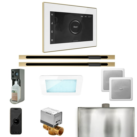 Mr Steam XDream Max Steam Shower Pkg w/iSteamX Control and Linear Steamhead in White Satin Brass
