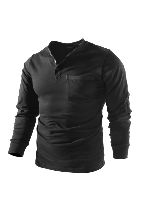 Men's 3 Button Full Long Sleeve Pocket Work Henley T-Shirts Relaxed Fit 100% Cotton Heavyweight Tees 888 Black L
