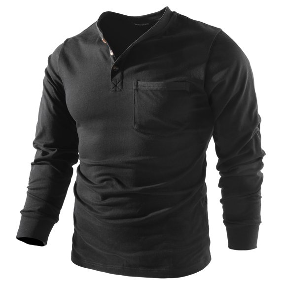 Mr.Stream Men's 3 Button Full Long Sleeve Pocket Work Henley T-Shirts Relaxed Fit 100% Cotton Heavyweight Tees 888 Black M