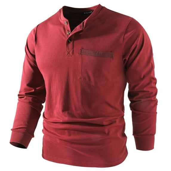 Mr.Stream Men's 3 Button Full Long Sleeve Pocket Work Henley T-Shirts Relaxed Fit 100% Cotton Heavyweight Tees 888 Burgundy M