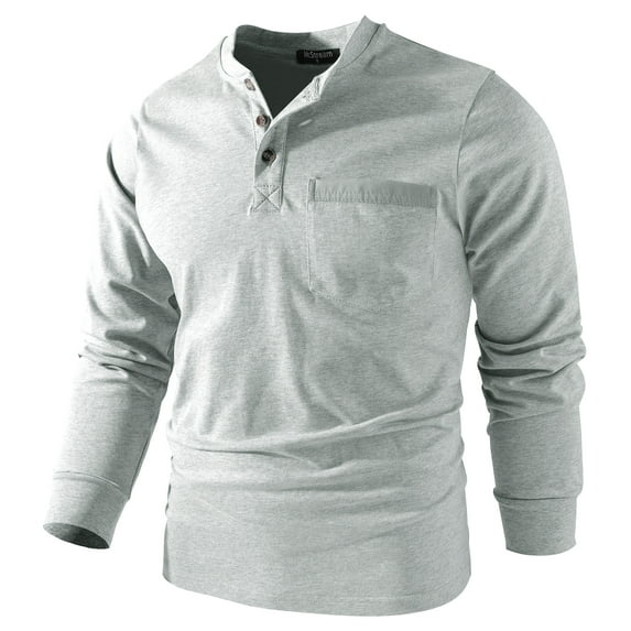 Mr.Stream Men's 3 Button Full Long Sleeve Pocket Work Henley T-Shirts Relaxed Fit 100% Cotton Heavyweight Tees 888 Grey L