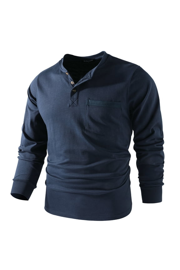 Men's 3 Button Full Long Sleeve Pocket Work Henley T-Shirts Relaxed Fit 100% Cotton Heavyweight Tees 888 Navy Blue XL