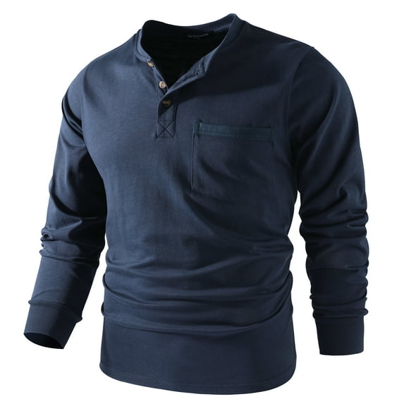 Mr.Stream Men's 3 Button Full Long Sleeve Pocket Work Henley T-Shirts Relaxed Fit 100% Cotton Heavyweight Tees 888 Navy Blue XL