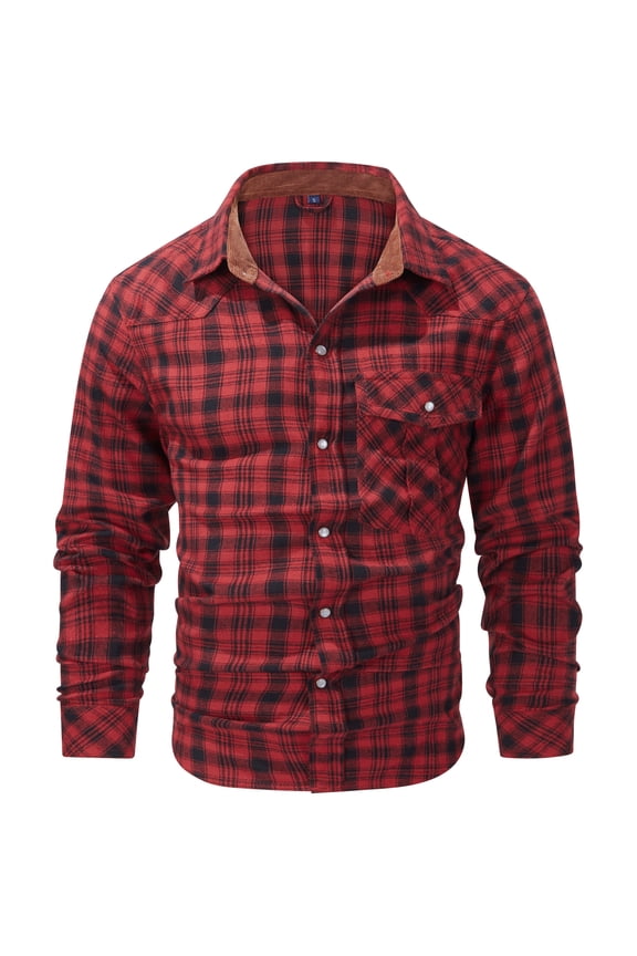 Men's Flannel Shirts Long Sleeve Plaid Checkered Brushed Casual Western Cowboy Pearl Snap Shirt 3266 Red M