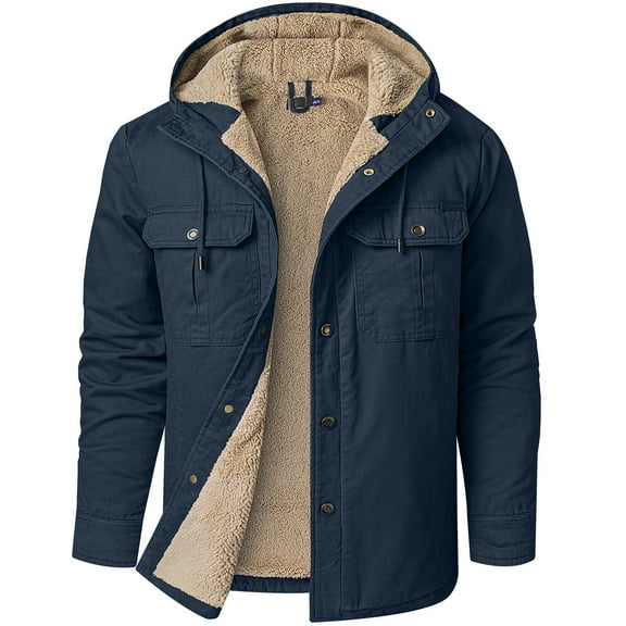Mr.Stream Men's Hooded Coat Casual Sherpa Lined Fleece Snap Work Jacket 3255 Blue L