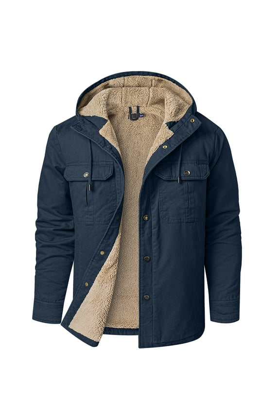 Men's Hooded Coat Casual Sherpa Lined Fleece Snap Work Jacket 3255 Blue L