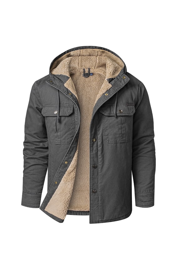 Men's Hooded Coat Casual Sherpa Lined Fleece Snap Work Jacket 3255 Gray 2XL
