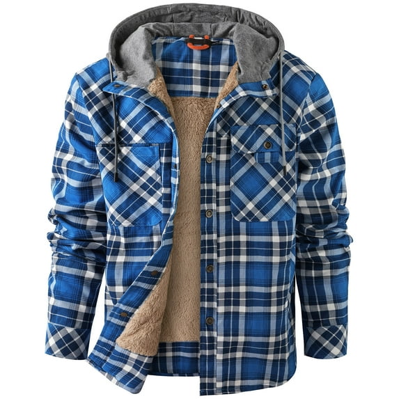 Mr.Stream Men's Sherpa Lined Fleece Coats Work Plaid Flannel Snap Hooded Jackets 3252 Blue M