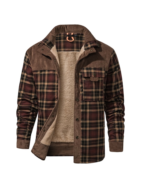 Men's Sherpa Lined Fleece Long Sleeve Plaid Flannel Snap Shirts Jackets 3251 Coffee XL