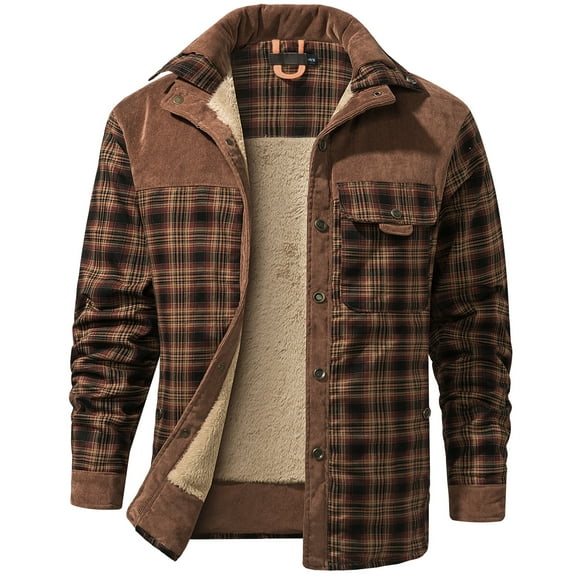 Mr.Stream Men's Sherpa Lined Fleece Long Sleeve Plaid Flannel Snap Shirts Jackets 3251 Red Coffee 3XL