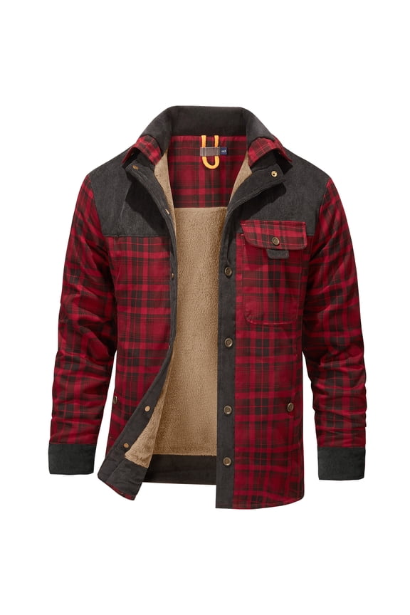 Men's Sherpa Lined Fleece Long Sleeve Plaid Flannel Snap Shirts Jackets 3251 Red L