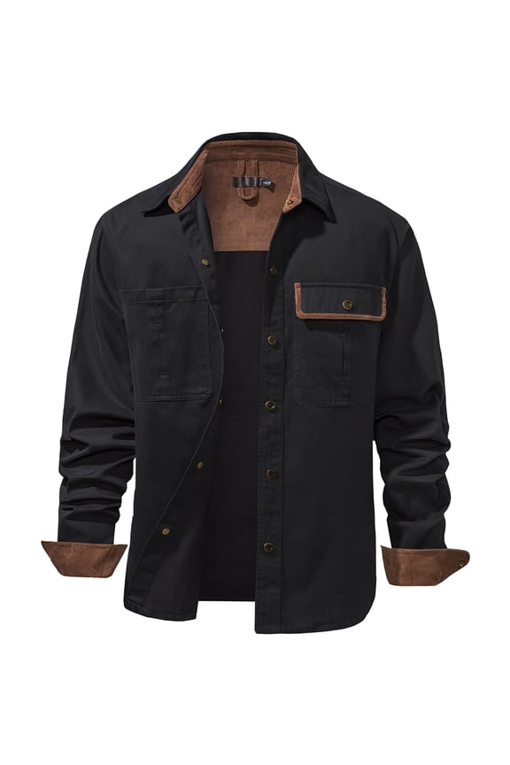 Men's Washed Cotton Two Pockets Long Sleeve Work Snap Solid Heavyweight Twill Shirts 3261 Black 2XL