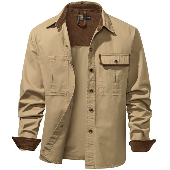 Mr.Stream Men's Washed Cotton Two Pockets Long Sleeve Work Snap Solid Heavyweight Twill Shirts 3261 Khaki M