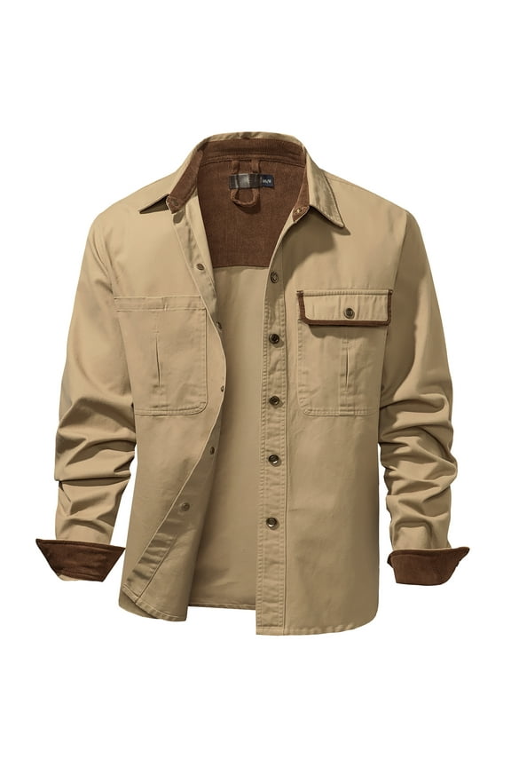 Men's Washed Cotton Two Pockets Long Sleeve Work Snap Solid Heavyweight Twill Shirts 3261 Khaki XL