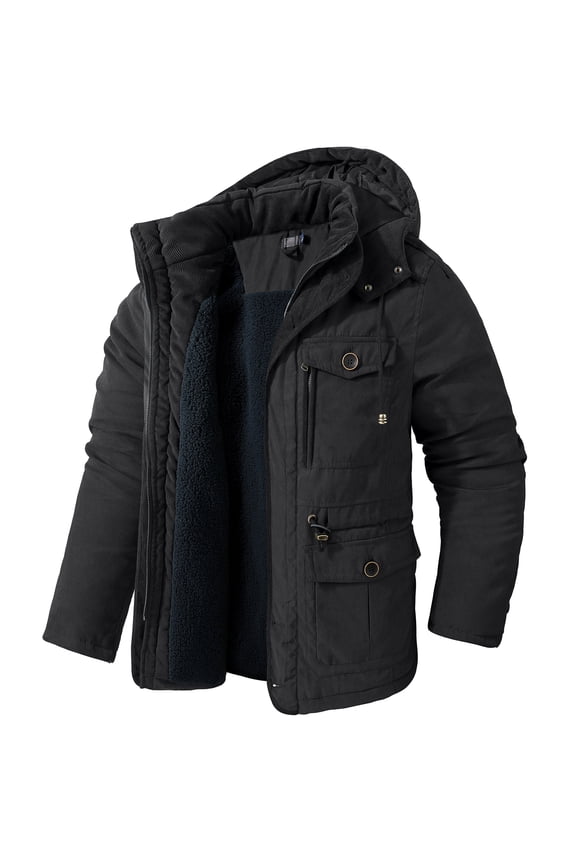 Men's Winter Hooded Jacket Casual Sherpa Lined Fleece Coat Outerwear Warm Parka 3256 Black 2XL