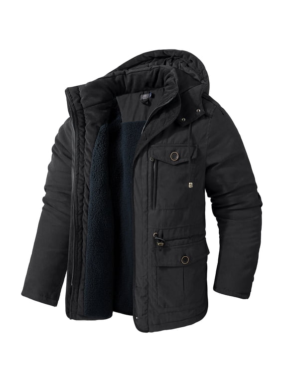 Men's Winter Hooded Jacket Casual Sherpa Lined Fleece Coat Outerwear Warm Parka 3256 Black L